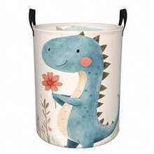 1PC Collapsible Cute Watercolor Dinosaur Holding Flower Print Laundry Hamper, Multifunctional Storage Basket For Clothes And Sundries, Bedroom Decor, Room Decor - Smoky Blue Little Dinosaur - View 6