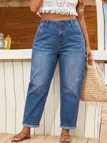 Jeans Mom de Denim Lavado Talla Grande, Longitud Corta con Bolsillos y Cremallera, Adecuados para Uso Diario, Modernos y Versátiles - Azul - Ver 5