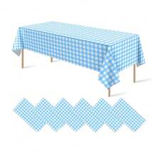 1/6PCS-137*274cm Light Blue And White Plastic Gingham Tablecloth, Decorative Disposable Red Plaid Tablecloth, Rectangular Party Tablecloth For Picnic Farm Birthday Wedding - Light Blue - View 11