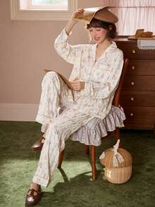 Gongdie 2件組女款睡衣套裝，白色柔軟舒適居家服，附口袋，秋季款 - 杏色 - 查看 1