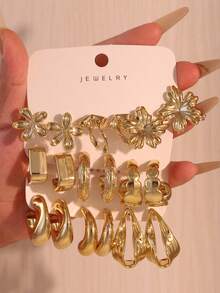 6-18pcs/Set Flower, Bow, Geometric, Water Drop Stud Earrings Set, Suitable For Women's Daily Wear - Gold - View 1