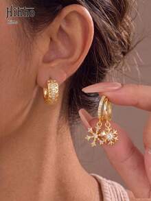 Hihho 1 Pair Asymmetrical Design Earrings, One Side Full Rhinestone Geometric Hoop, One Side Rhinestone Snowflake Pendant Ear Cuff, Creative Outfit, Exquisite Elegant Women's Jewelry, Sparkling Zirconia, Christmas Winter Style - Snowflake - View 5