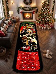 1pc, Washable Non-Slip Christmas Long Velvet Decorative Rug, Soft Non-Slip Mat, Machine Washable, Skateboard Theme Santa Claus & Gingerbread Print Design, Suitable For Living Room, Bedroom, Bedside, Hallway, Dining Room And Other Home Scenes, Perfectly Matches Christmas Home Atmosphere, Great Christmas Gift, Rugs, Carpet, Christmas Rug, Christmas Gift/Decor, Rugs Living Room, Rugs For Bedroom, Carpet Living Room, Kitchen Mat, Hallway Runner, Washable Rug, - Multicolor - View 2