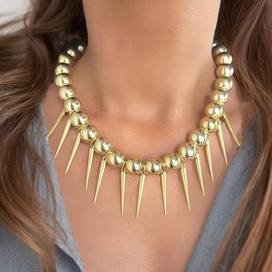1pc European & American Hot-Selling Exaggerated Rivet ABS Spiked Faux Pearl Multi-Layer Necklace, Punk Hip-Hop Rock Style - Gold - View 1