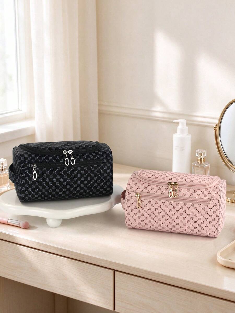 1/2PCS Classic Four-Leaf Clover Portable Large Capacity Side Handle Travel Storage Bag, Pink & Black Color Block Four-Leaf Clover Pattern Toiletry Bag, Rectangular & Cylindrical Dual Shape Cosmetic Organizer, INS Style Women's Valentine's Day Gift
