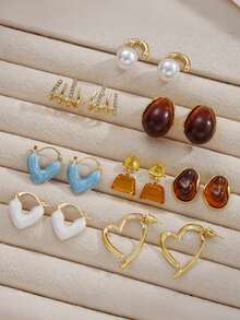8 Pairs Autumn/Winter Brown Resin Earrings Set, Personalized Fashion Vintage Women's Earrings, Suitable For Daily Wear, Perfect Gift - Multicolor - View 5