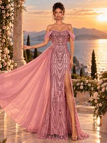 Elegant Women's Pink Mermaid Formal Gown, Featuring Beaded Mesh Fabric, Cold Shoulder Short Sleeves, Perfect For Prom And Evening Events - Pink - View 2