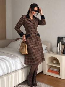 Autumn New Plus Size Women's Houndstooth Pattern Lapel Double-Breasted Long Sleeve Mid-Length A-Line Blazer Dress Elegant Winter Office - Multicolor - View 4