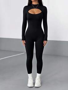 AiTyi Women's High Neck Front Cutout Long Sleeve Slim Fit Jumpsuit, Back Zipper, Autumn Hot Girl Style Daily Wear Slim Fit Jumpsuit - Black - View 6