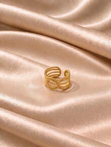 3pcs European & American Style Vintage Gold-Plated Open Ring Set, Minimalist Multi-Layer Round Bead Wave Pattern Leaf Hollow Finger Rings, Women's Daily Versatile Stackable Hand Jewelry - Gold - View 7