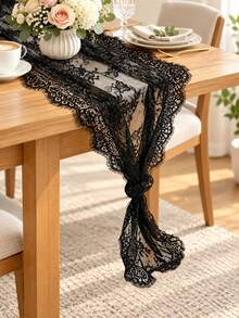 1pc 14*118 Inch Lace Table Runner, Embroidered Bohemian Style Wedding Table Runner, Halloween Tablecloth Vintage Country Lace Fabric Table Runner, Suitable For Wedding Party Bridal Shower Decoration Halloween Decoration - Black - View 2