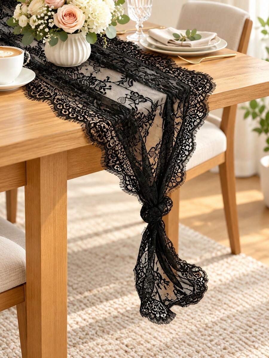 1pc 14*118 Inch Lace Table Runner, Embroidered Bohemian Style Wedding Table Runner, Halloween Tablecloth Vintage Country Lace Fabric Table Runner, Suitable For Wedding Party Bridal Shower Decoration Halloween Decoration