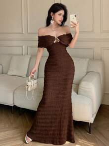 abyoxi Women's Brown Elegant Romantic Ruffle Spaghetti Strap Ruffle Pleated Fitted Long Dress, Suitable For Party, Night Out, Wedding Guest, Graduation Season, Prom Season, Wedding Season, Vacation Season, Summer Autumn Mermaid Style - Brown - View 9