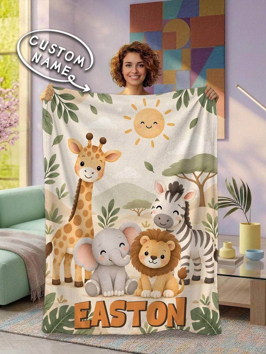 1pc Customized Name Blanket, Personalized Bed Blanket, Animal Personalized Blanket, Tropical Jungle, Can Print Name, Personalized Blanket, Cute Blanket, Comfortable Blanket, Home Gift, Birthday Gift, Christmas Gift, Personalized Gift, Gift For Son/Daughter, Gift For Friend - Style 1 - View 1