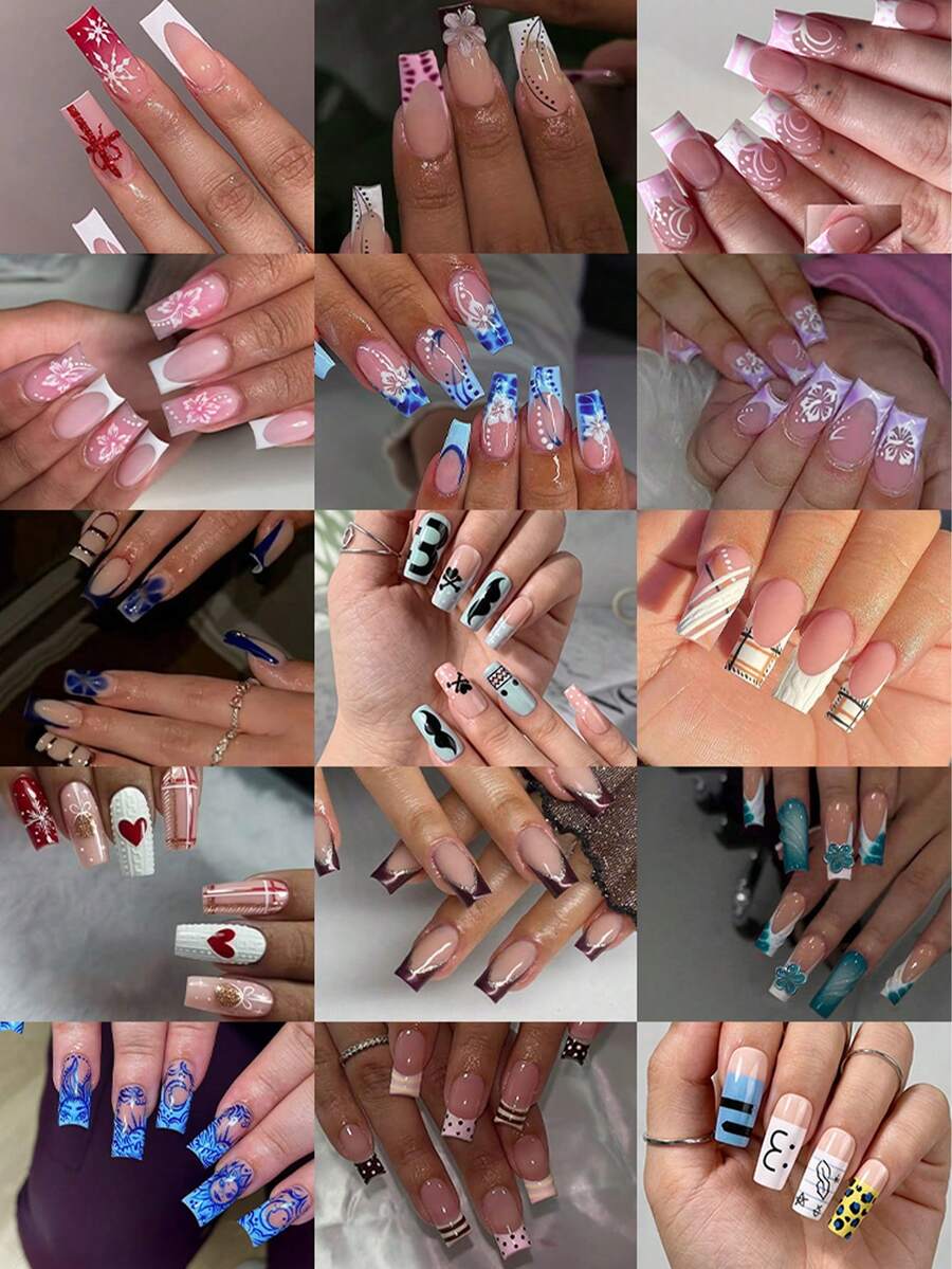 360pcs Medium Long Coffin Shaped 3D Gel Nail Tips, Gold Bead Decor, Square French Style Acrylic False Nails Set, Perfect Fit, Suitable For Women's Daily Work, Party And Other Occasions In Autumn/Winter - Multicolor - View 1