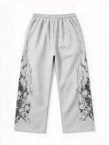 Celana Jogging Model Lebar Warna Abu-abu Muda dengan Motif Tengkorak Api dan Tali Serut Elastis, Gaya High Street Gelap, Potongan Lurus. - Grey - View 5
