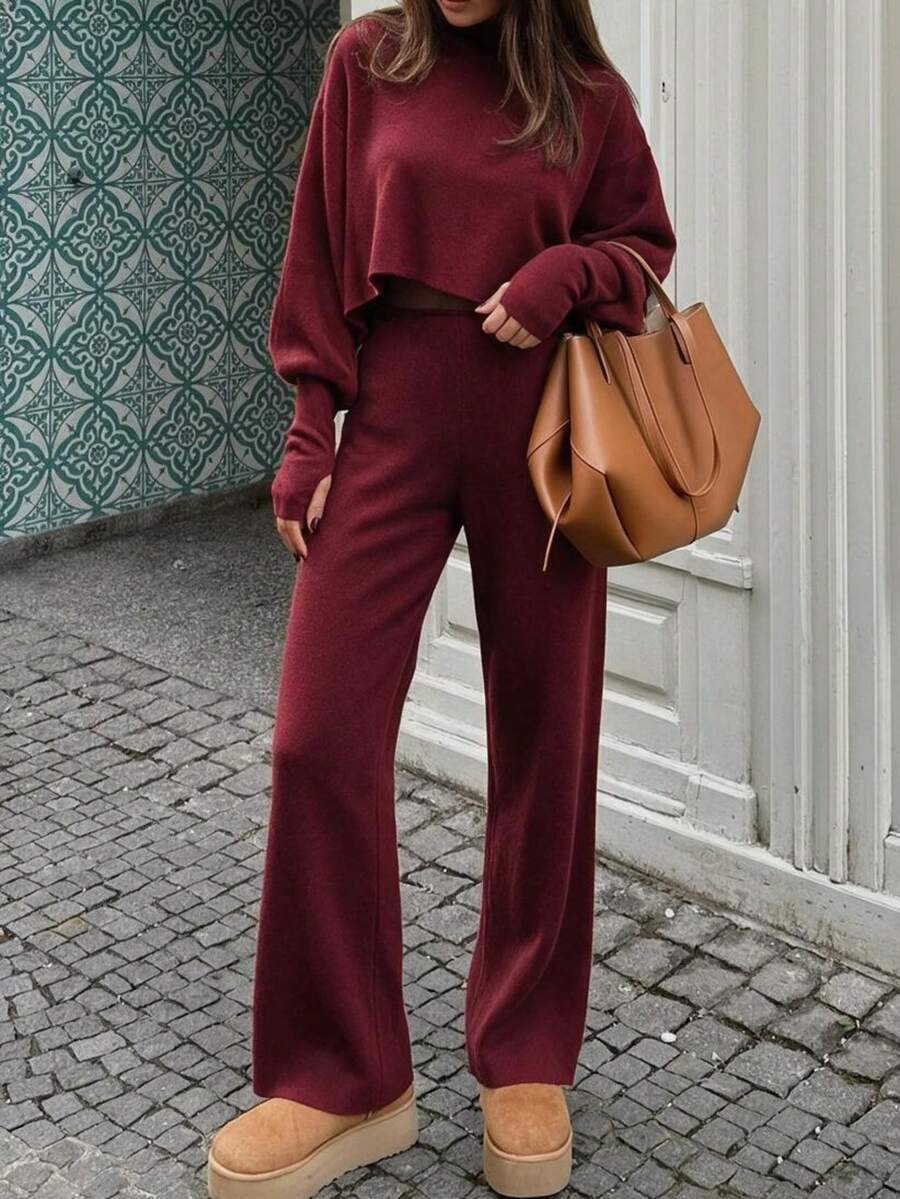 MEECY Women's Solid Color High Neck Drop Shoulder Long Sleeve Sweater And Pants Casual Set - Burgundy - View 1