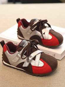 Colorblock Kids' Sneakers, Double Hook-And-Loop Strap Design, Soft Sole, Lightweight, Unisex Casual Shoes For Daily Wear And Outings - Red - View 3