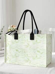 1pc Mint Green Flowers Print Canvas Tote Bag, Open Top Large Capacity Reusable Portable Handbag For Shopping Work School Daily Travel - Multicolor - View 11