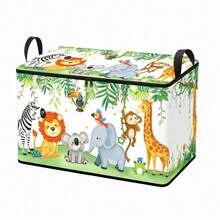 1PC Cartoon Jungle Wild Animal Print Storage Box With Handles, Large Capacity Foldable Organizer Bin For Closet Clothes Sundries Storage - Multicolor - View 3