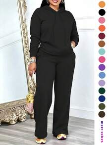 Women's Casual 2 Pieces Set Solid Color Elegant Long Sleeve Hooded Drawstring Pocket Sweatshirt & Straight Leg Pants Set, Lightweight And Soft, Suitable For Spring, Summer And Autumn - Black - View 2