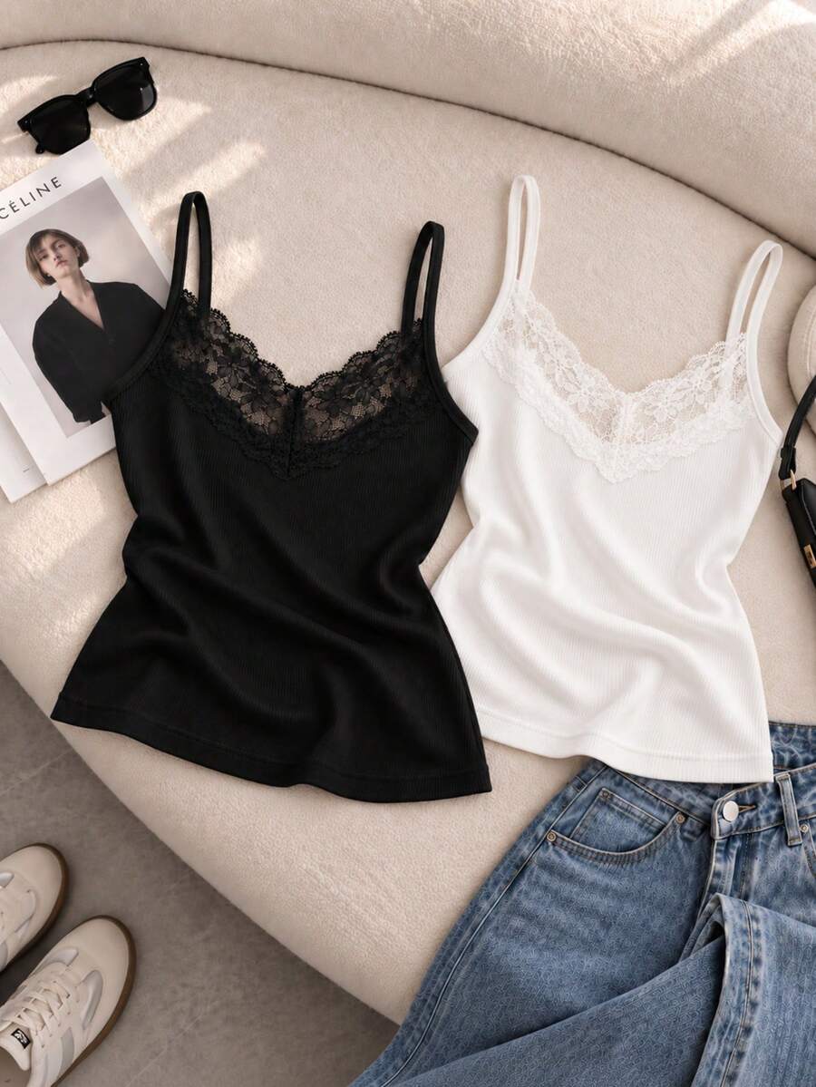 2pcs Women's Lace V-Neck Camisole, Ribbed Slim Fit Spaghetti Strap Tank Top, Elegant Lace Trim Basic Layering Top, Suitable For Casual Daily Wear