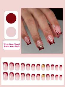 24pcs Medium Square Acrylic Nails Red French Tip With Gold Bow Design, Minimalist Style Full Cover, Suitable For Daily Wear For Women & Girls - Red - View 2