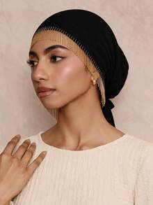 1PC Women's Fashion Tassel Solid Color Elastic Tie Headwrap Scarf Cap Headband Suitable For Daily Wear - C-black - View 4