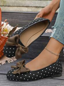 Women's Bowknot Polka Dot Print Square Toe Low Vamp Low Heel Daily Flat Shoes - Black - View 3
