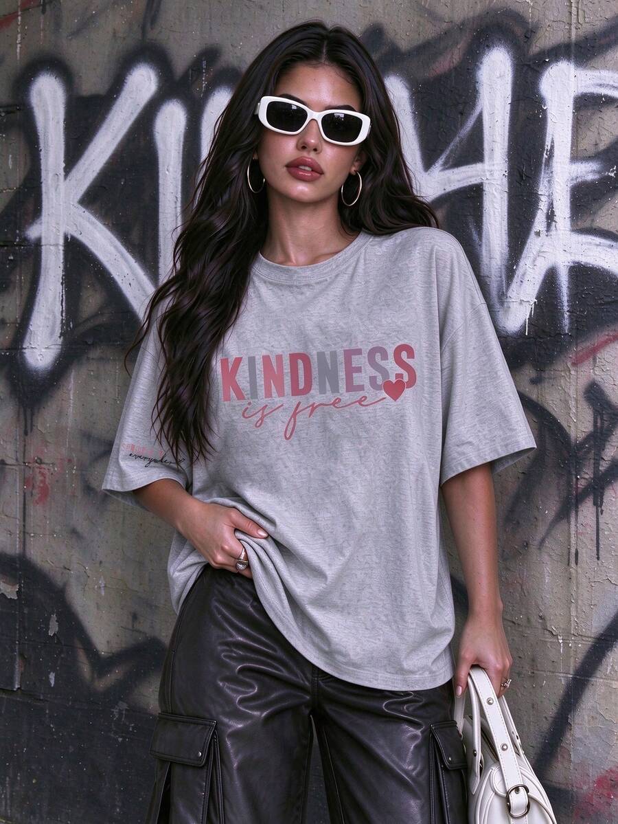 Women's New Casual Cute Pattern Loose Versatile Round Neck Short Sleeve T-Shirt, Fashionable Everyday Top, Suitable For Daily And Holiday Wear Summer - Grey - View 1