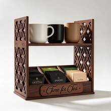 Wooden Tea Bag Storage Rack With Cup Holder, Countertop Coffee Bar Organizer, Divided Desktop Storage Box For Tea Bags, Cups, Coffee Capsules And Small Accessories - View 4