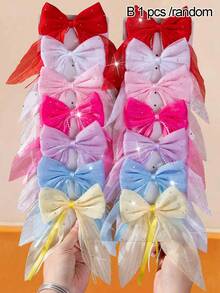 7/1pc Girls Rhinestone Tulle Bow Hair Clip, Macaron Color Palette, Sparkling Rhinestone Pearl Chain Long Ribbon Top Clip, Sweet Princess Hair Accessory, Back Of Head Hair Clip, Daily Use - Multicolor - View 10