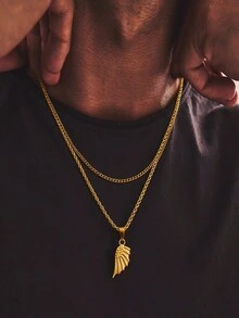 1pc Gold Stainless Steel Wing Feather Pendant Double Layer Stacked Necklace, Men's Light Luxury Versatile Fashion - Gold - View 1