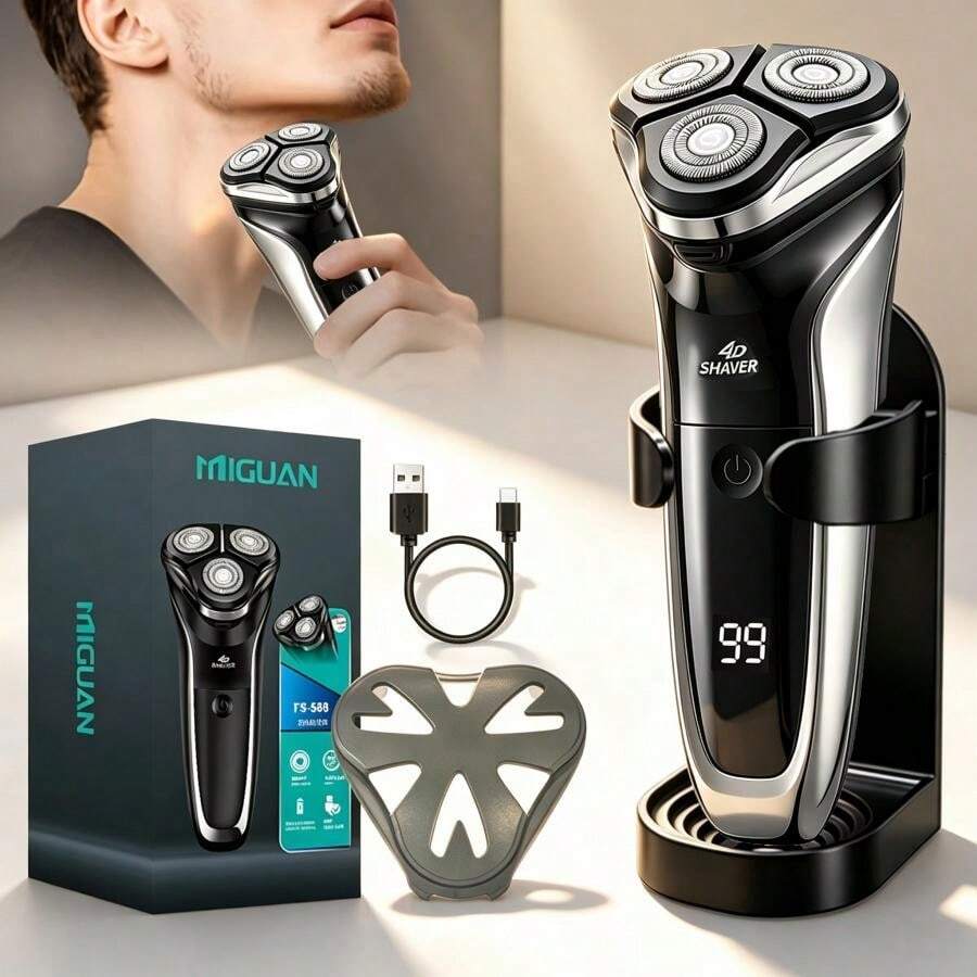 MIGUAN 1 máy cạo râu điện nam kèm 1 giá treo tường, sạc USB, máy tỉa râu cầm tay di động, phù hợp du lịch và dùng tại nhà, có màn hình LED, quà tặng lễ tốt nhất