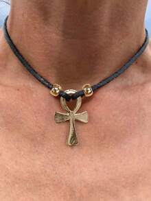 1pc Men's Pendant Necklace, Gold & Silver Dual-Tone Metal Round Ring Cross Pendant, Hip-Hop Style, Suitable For Daily Street Wear, Autumn - Multicolor - View 2