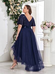XUCTHHC Plus Size Elegant Party V-Neck Ruffle Sleeve Sequin High-Low Hem Mesh Skirt Formal Ball Gown, Wedding Guest, Cocktail Party, Holiday, Autumn/Winter - Navy Blue - View 3