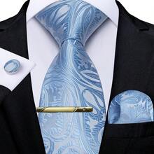 Light Blue Paisley Pattern Men's Tie, Pocket Square, Cufflinks, Tie Clip 4-Piece Set, Business Banquet Formal Suit Accessories - Baby Blue - View 2