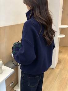 Women's Autumn/Winter Navy Blue Casual Wool Jacket, Stand Collar Button Design Long Sleeve Short Overcoat, Suitable For Commuting, Dating, Daily Wear - Navy Blue - View 5