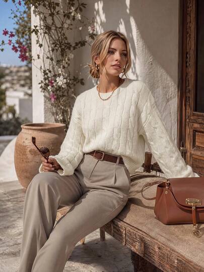 NiceArt Pull femme vintage crème en maille torsadée, mélange de laine, coupe ample, manches évasées, pour l'automne/hiver, convient aux tenues d'automne et Halloween