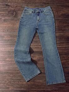 Men's Vintage Blue Washed Slim Fit Flare Leg Jeans, Classic 5-Pocket Design, Casual Everyday Pants, Minimalist Versatile All-Match Style (Pants Do Not Include Belt) - Blue - View 4