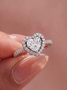 1 buah Cincin Zirkonia Berbentuk Hati, Putih, Dengan Kotak Hadiah, Set Hadiah Perhiasan, Cocok Untuk Ibu, Nenek, Hadiah Perhiasan Istimewa untuk Ulang Tahun Istri - Perak - View 3