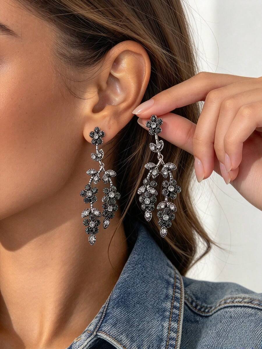 Crystal Floral Vine Dangle Earrings Rhinestone Branch Drop Vintage Jewelry - Leaf Rhinestone Earrings - View 1