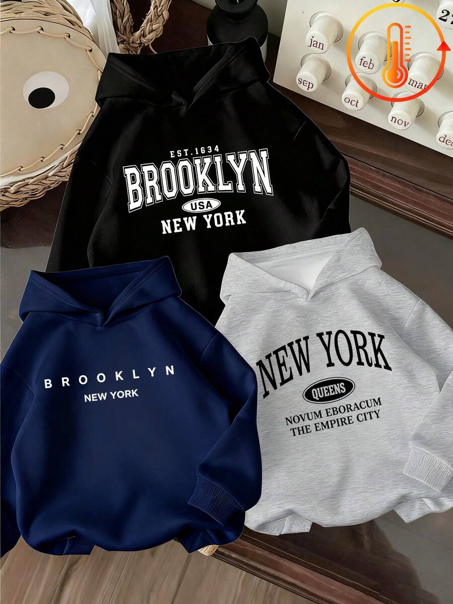 3pcs-Tween Boy 3 Pieces Set Fun Print Sweatshirt, Warm And Comfortable Thermal Lined Pullover Sweatshirt For Autumn/Winter - Black - View 1