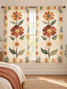 2pcs Vintage Bohemian Sunflower Pattern Printed Curtains, Single-Sided Print, Semi-Sheer - Rod Pocket Curtains, Bedroom Living Room Kitchen Decor, Multiple Sizes Available, Privacy Protection, Machine Washable, Fade-Resistant Curtains (Rod Not Included) - A - View 8