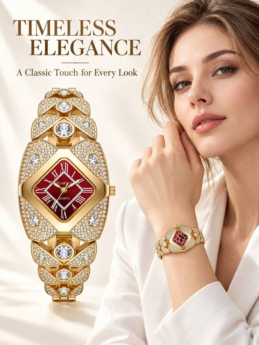 1pc Women's Luxury Bracelet Watch, Elegant Quartz Watch, Vintage Personalized Bracelet - Red - View 1
