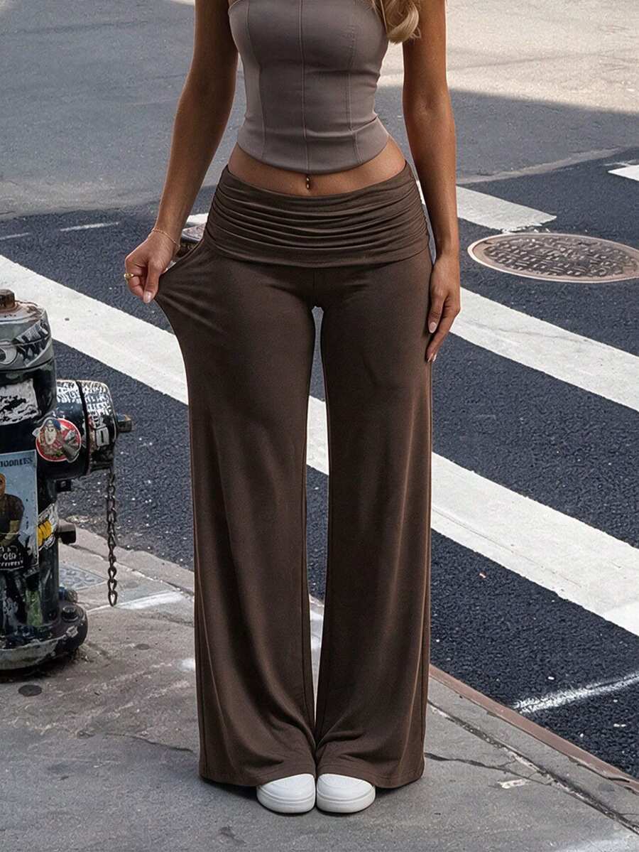 Women's Solid Color Ruched High Waist Wide Leg Pants, Draped Casual ...