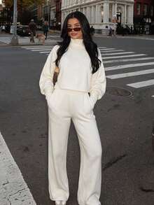 MEECY Women's Solid Color High Neck Drop Shoulder Long Sleeve Sweater And Pants Casual Set - White - View 4