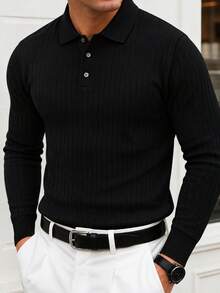 Men's Black Ribbed Knit Polo Shirt, Turn-Down Collar, Button Placket, Slim Fit, Long Sleeve, Casual Commute Pullover Top, Autumn/Winter - Black - View 8