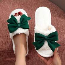 Women's Open Toe Thermal Slippers With Bow, Spring/Autumn/Winter Indoor Home Floor Slippers - Dark Green - View 11