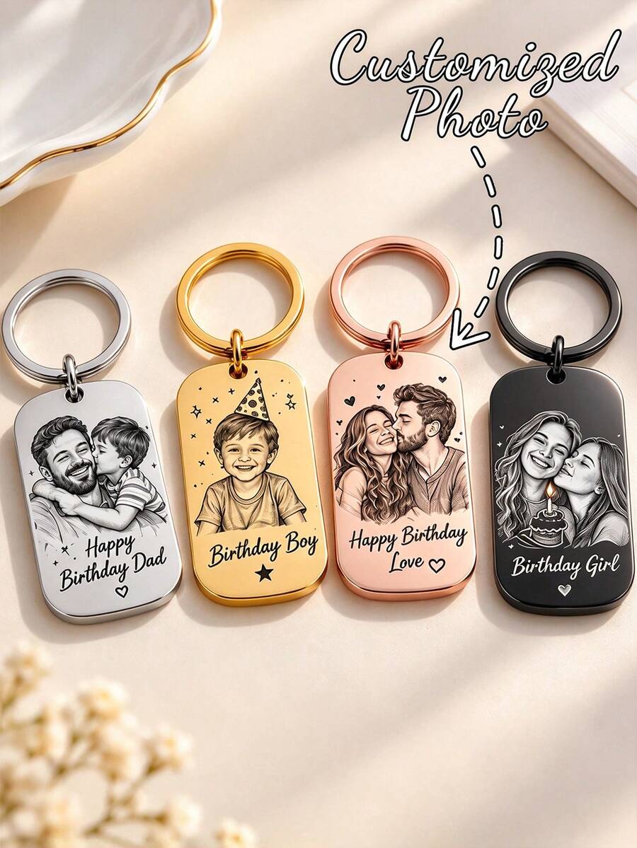 Personalised Birthday Photo Keychain, Custom Photo Sketch Keyring With Engraved Text, Birthday Keepsake Gift For Him Her - Multicolor - View 1